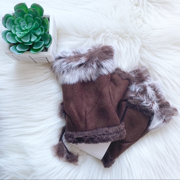 Dark Brown Fingerless Gloves Faux Fur Trim NWT - Picture 2 of 4
